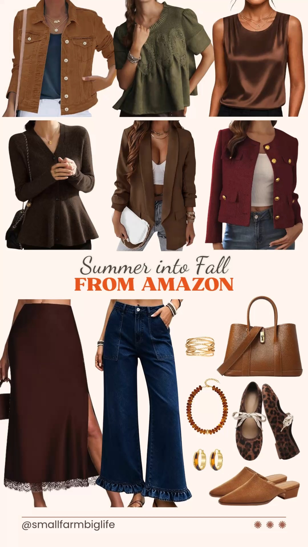 More summer into fall Amazon finds are here and this batch is all about elevated pieces that transition perfectly into the season. My LTK has all of these linked and ready to shop.
For layering, I am loving the chocolate brown peplum cardigan sweater, the cognac denim jean jacket, the brown oversized suit blazer, and the burgundy tweed cropped blazer for that easy business casual look. The olive green lace detail faux suede peplum blouse and the brown satin pleated tank top are both such pretty tops to layer under a jacket.
For bottoms, the dark blue wide leg ruffle hem trouser jeans are a great transitional denim option, and the chocolate brown satin maxi slit skirt with lace trim is perfect for dressing up. For shoes, the cognac suede square toe mule clogs and the leopard velvet Mary Jane flats round out the look beautifully.
For accessories, I am loving the cognac leather top handle satchel bag, the amber beaded chunky necklace, the tortoiseshell gold hoop earrings, and the gold multilayer twisted cuff bangle bracelet.
Shop all of my summer into fall Amazon favorites linked in this post. 

 #LTKgrwm #LTKootd #LTKOver40