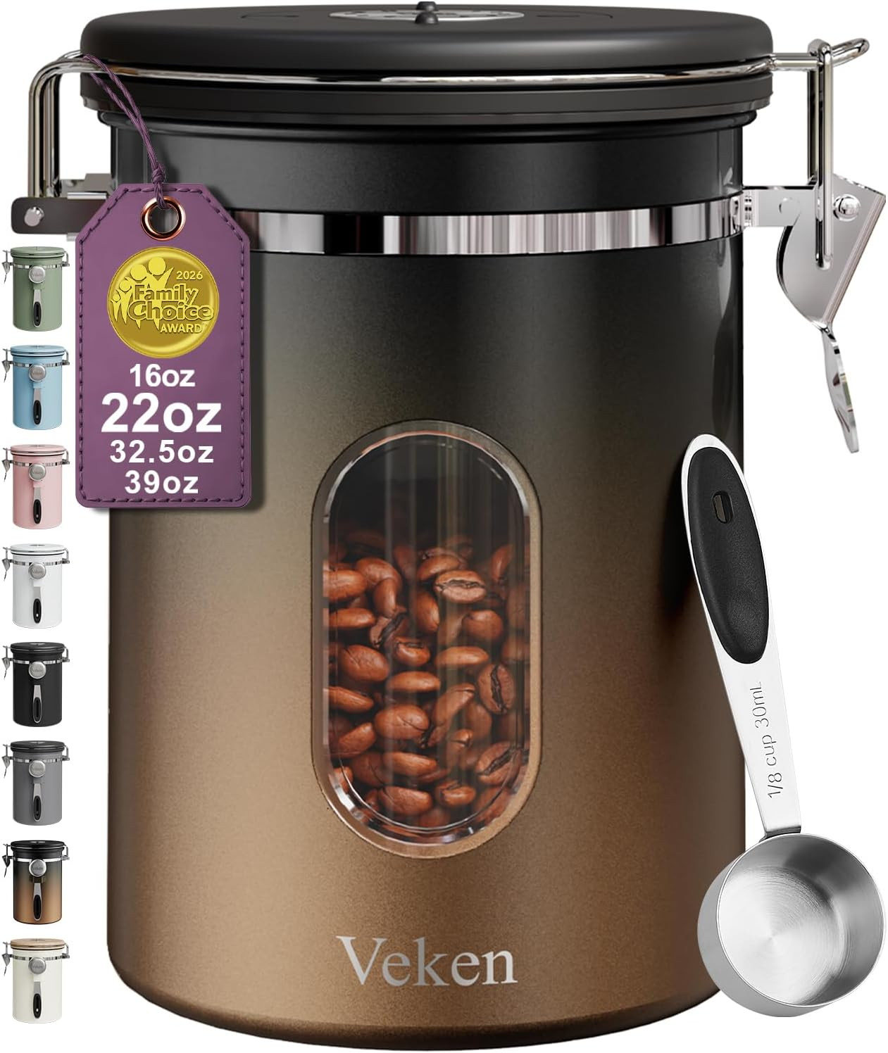 Veken Coffee Canister with Window, Airtight Stainless Steel Container, 22OZ | Amazon (US)