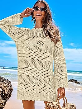 ANRABESS Women Swimsuit Crochet Swim Cover Up 2025 Summer Bathing Suit Swimwear Mesh Knit Beach D... | Amazon (US)
