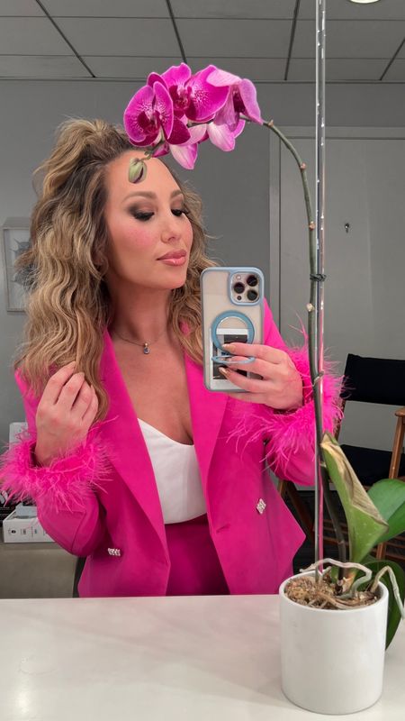 Getting ready to go on the Jennifer Hudson Show! Loving my Revolve pink 2 piece matching suit with the feather accents around the wrists . Gonna have to recycle and wear this outfit again to a holiday party. Thoughts?! 💗

#LTKCyberWeek #LTKparties #LTKHoliday