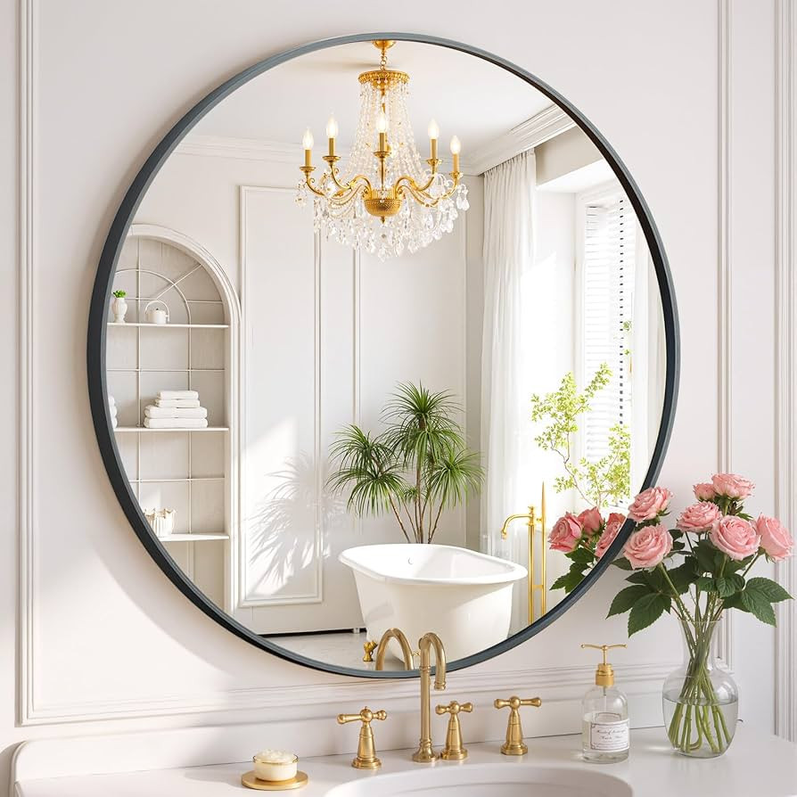 Round Wall Mirror 30 Inch Black Vanity Mirror with Metal Frame, Modern Circle for Bathroom, Entry... | Amazon (US)