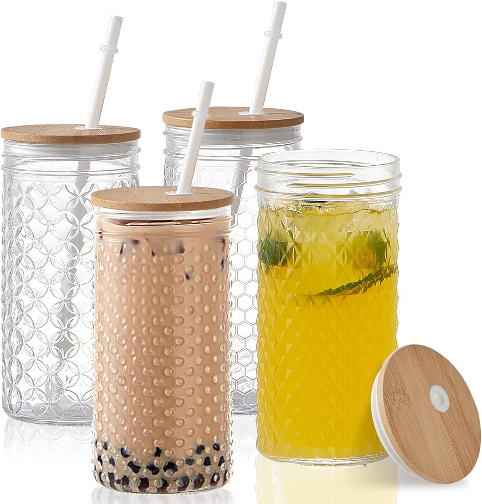 Hyperspace 4Pack Glass Tumblers with Bamboo Lids and Straws, 24 OZ Wide Mouth Mason Jar Drinking ... | Amazon (US)