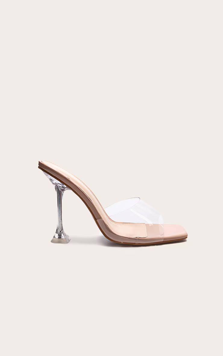 Nude Pu Square Toe Clear Perspex Heeled Mules | PrettyLittleThing US