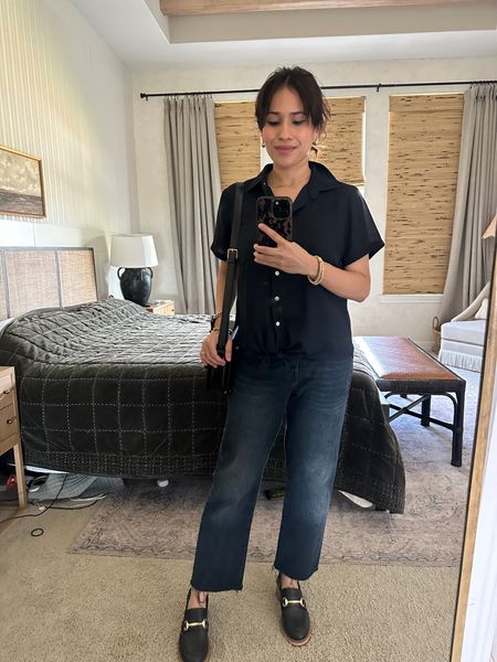 Casual work outfit, navy button up and straight petite jeans with a raw edge. Everything is true to size! #LTKunder50 

#LTKworkwear #LTKstyletip
