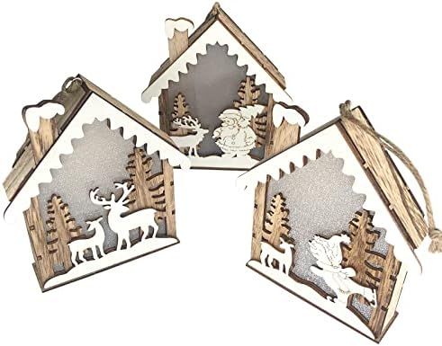 iDOTODO 3Pcs LED Christmas Wooden Ornaments, Cute Wooden House Christmas Tree Ornaments Including Sa | Amazon (US)