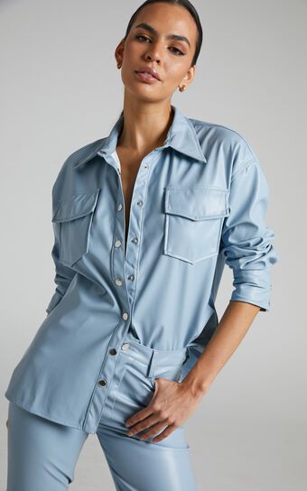 Selenia Button Front Faux Leather Shirt in Blue | Showpo (US, UK & Europe)