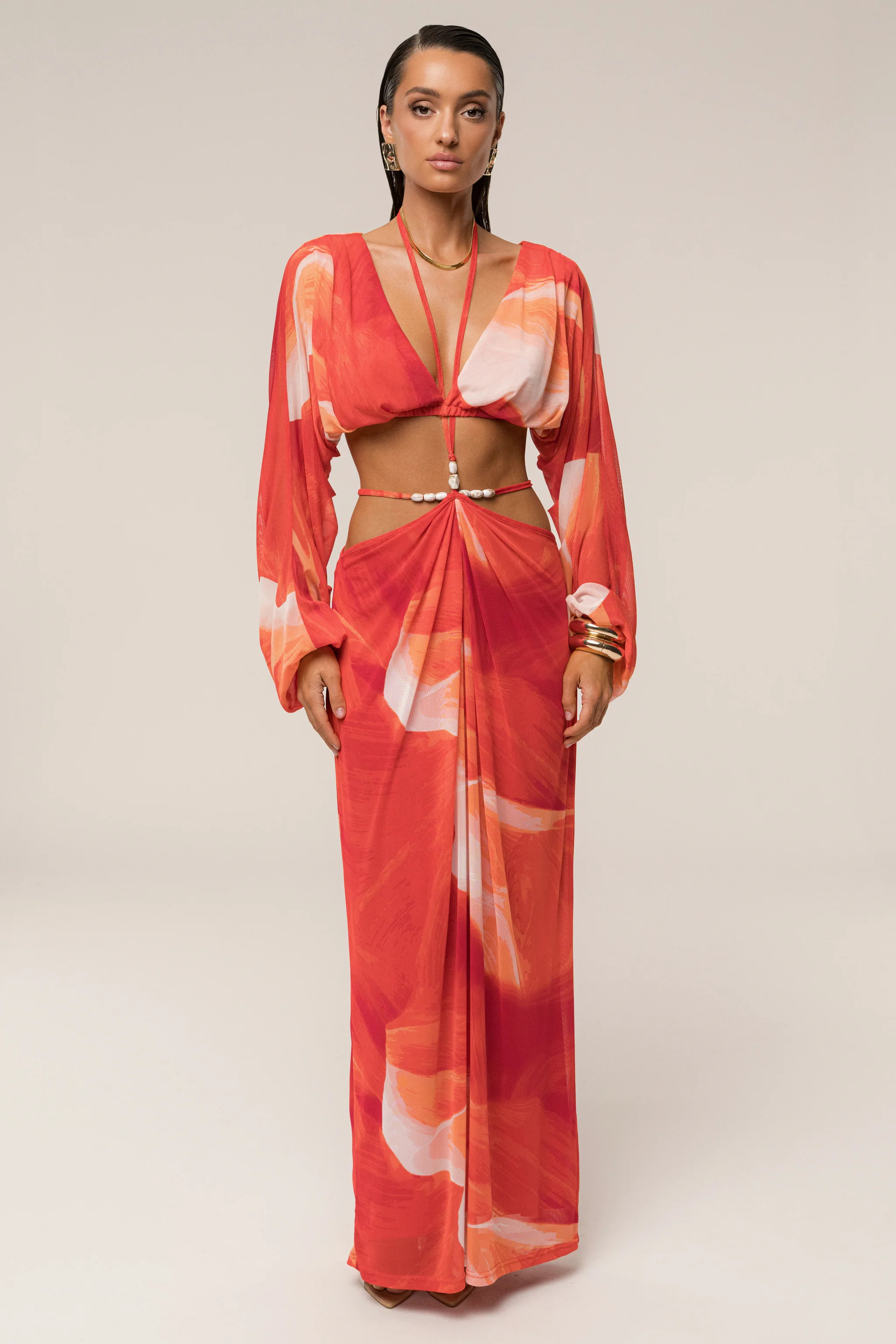 Sunset Red Hera Draped Maxi Skirt | JLUXLABEL US
