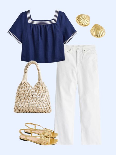 Nautical navy top, white side leg jeans, rope bag, gold sandals, shell earrings

#LTKSaleAlert #LTKShoeCrush #LTKFindsUnder100