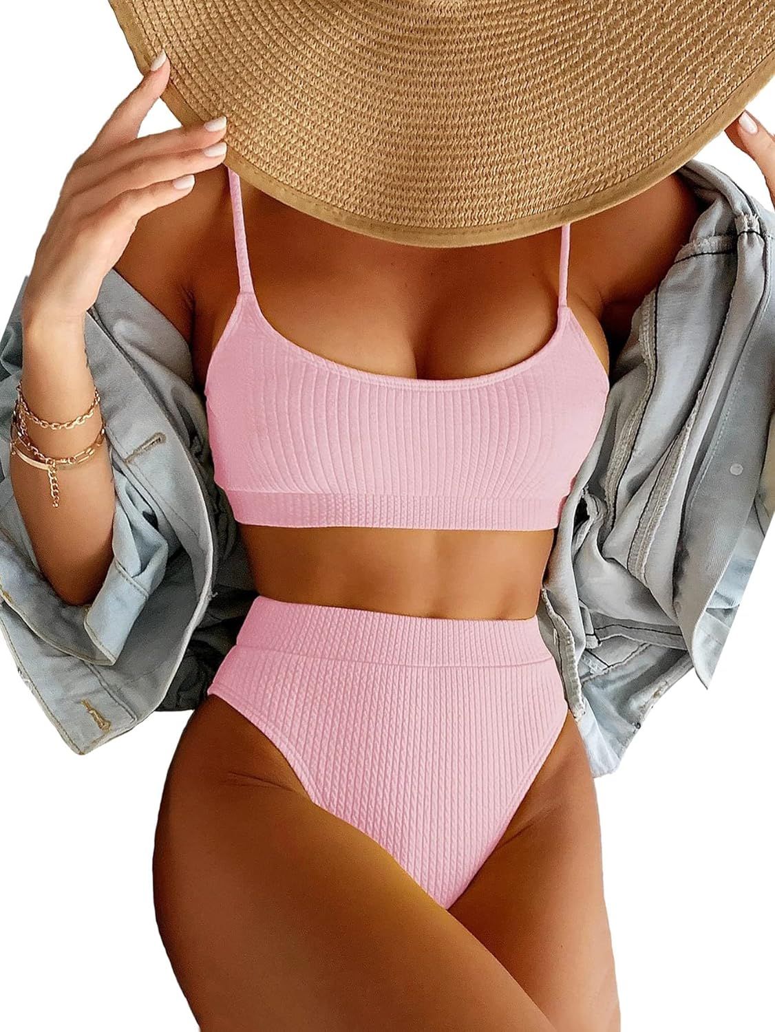 Lilosy High Waisted Tummy Control Ribbed Bikini Crop Top Brazilian Swimsuit Set 2 Piece | Amazon (US)