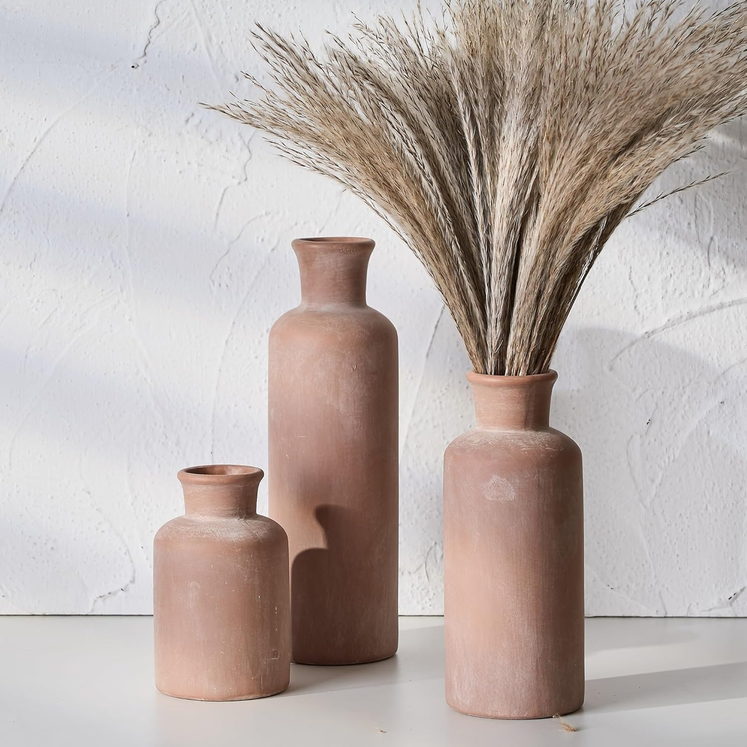 SIDUCAL Ceramic Rustic Farmhouse Vase Set of 3, Whitewashed Terracotta Vase, Pottery Vase,Clay De... | Amazon (US)