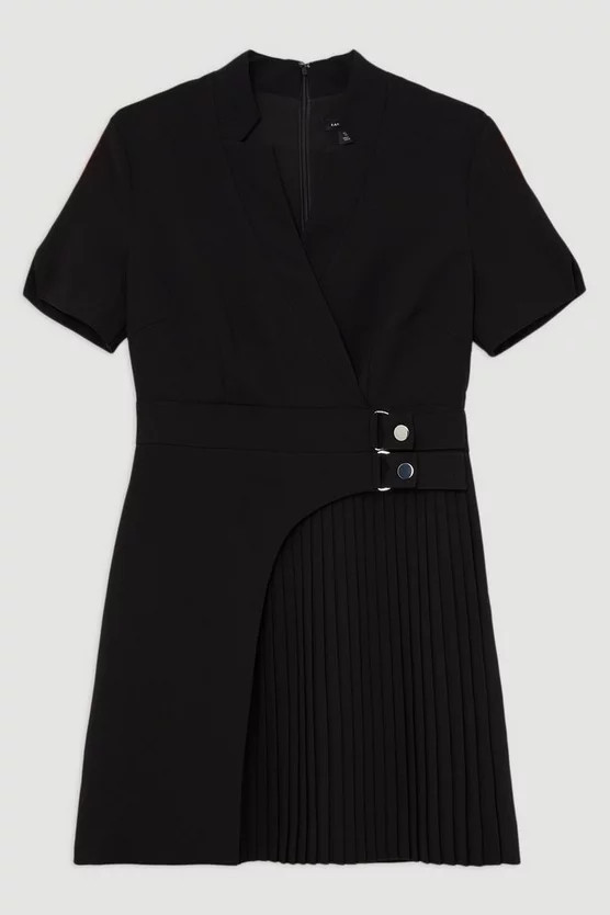 Tailored Crepe Military Pleat Notch Neck Wrap Mini Dress | Karen Millen UK + IE + DE + NL