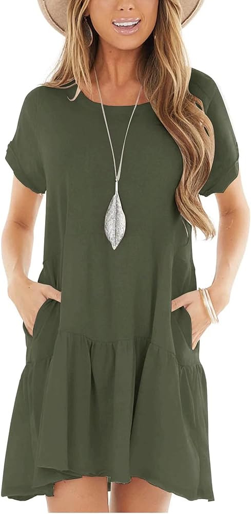 Minclouse Women's Short Sleeve Flowy Swing T Shirt Dress Baby Doll Cute Casual Pockets Dresses | Amazon (US)