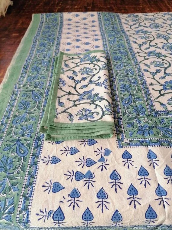 Olive Green With Indigo Blue Table Cloths Flower Design Hand | Etsy | Etsy (US)