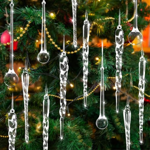OuMuaMua 100 Pcs Christmas Icicle Ornaments for Christmas Tree Decorations, Water Drop Shape Crystal Pendants Hanging Acrylic Ornaments, Xmas Winter Wonderland Party Decorations Supplies | Amazon (US)