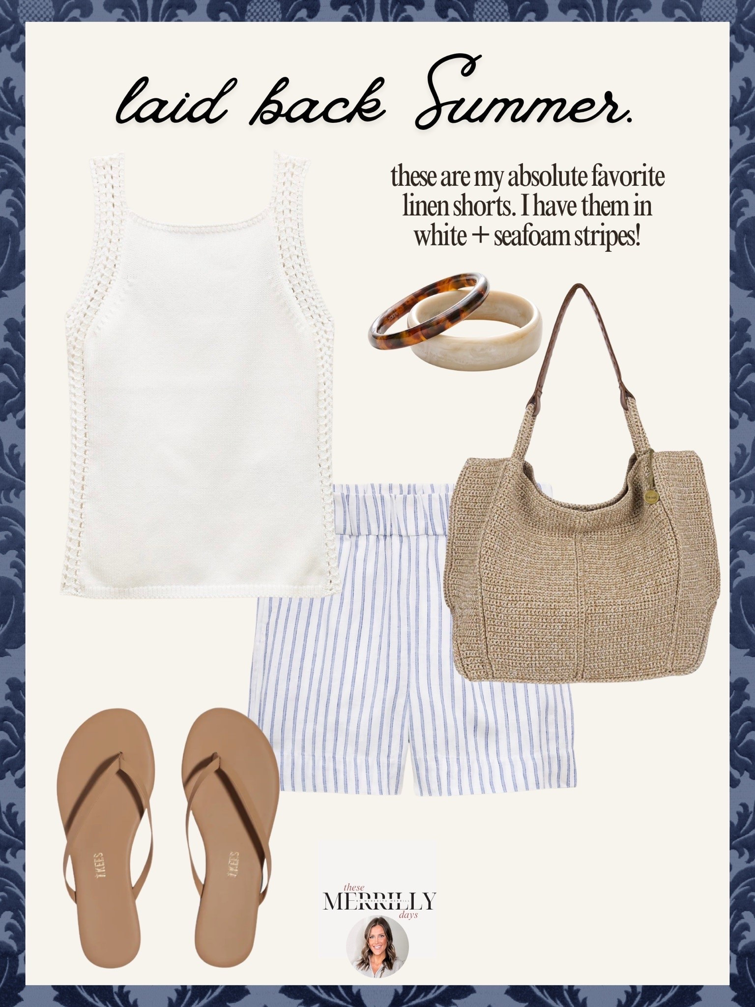 This outfit is exactly what I want to wear on repeat all summer long. The striped linen shorts, woven tote, and easy white tank give that effortless coastal feel while still looking polished and put together for beach trips, errands, or casual summer dinners.

linen shorts outfit, coastal summer style, laid back summer outfits, beach vacation outfit, striped shorts outfit, casual chic summer fashion, woven tote bag, effortless summer style, white tank outfit, resort wear inspiration, coastal grandmother aesthetic, summer capsule wardrobe, comfy summer outfit, everyday summer fashion, Thesemerrillydays

#LTKootd #LTKSeasonal #LTKTravel