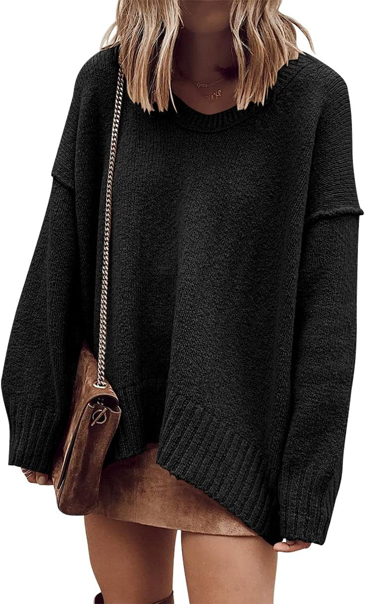 ANRABESS Womens Fall Fashion Oversized Scoop V Neck Batwing Sleeve Sweater | Amazon (US)