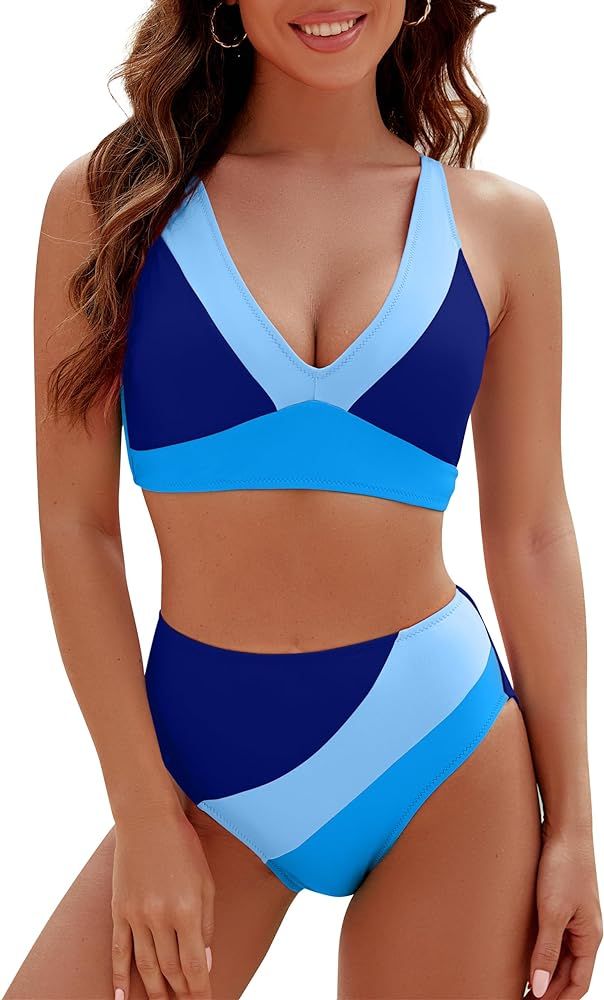 Blooming Jelly Womens High Waisted Bikini Sets Sporty Two Piece Swimsuits Color Block Full Covera... | Amazon (US)