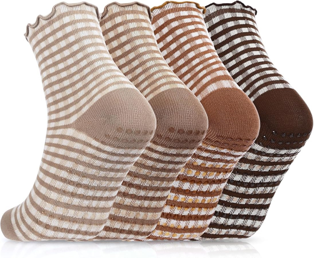 4 Pairs Ruffle Pilates Grippy Socks, Cute Gingham Non Slip Ankle Yoga Socks for Women Dance Gym E... | Amazon (US)