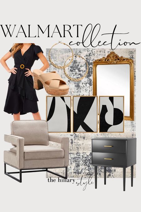 Walmart Collection: Home decor, furniture and fashion finds from Walmart. Area rug, velvet accent chair, black nightstand, gold mirror, abstract framed art, black dress, spring dress, platform sandals, gold hoops.

#LTKFind #LTKstyletip #LTKhome