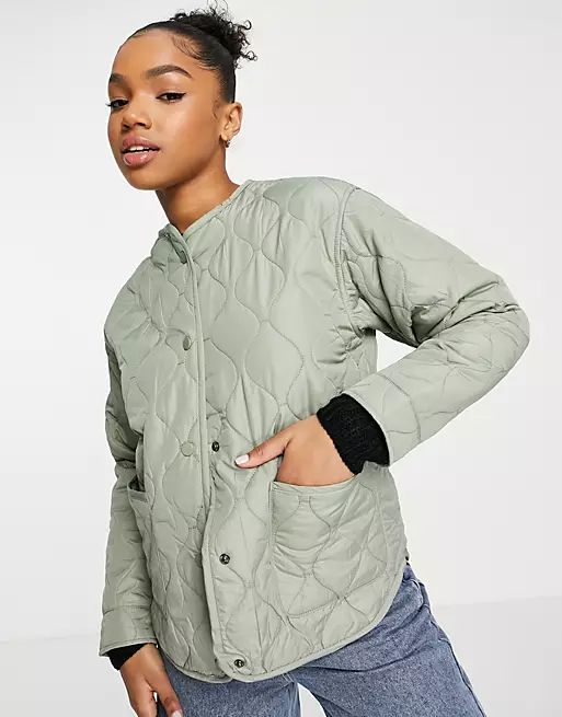 New Look collarless quilted jacket in khaki | ASOS (Global)