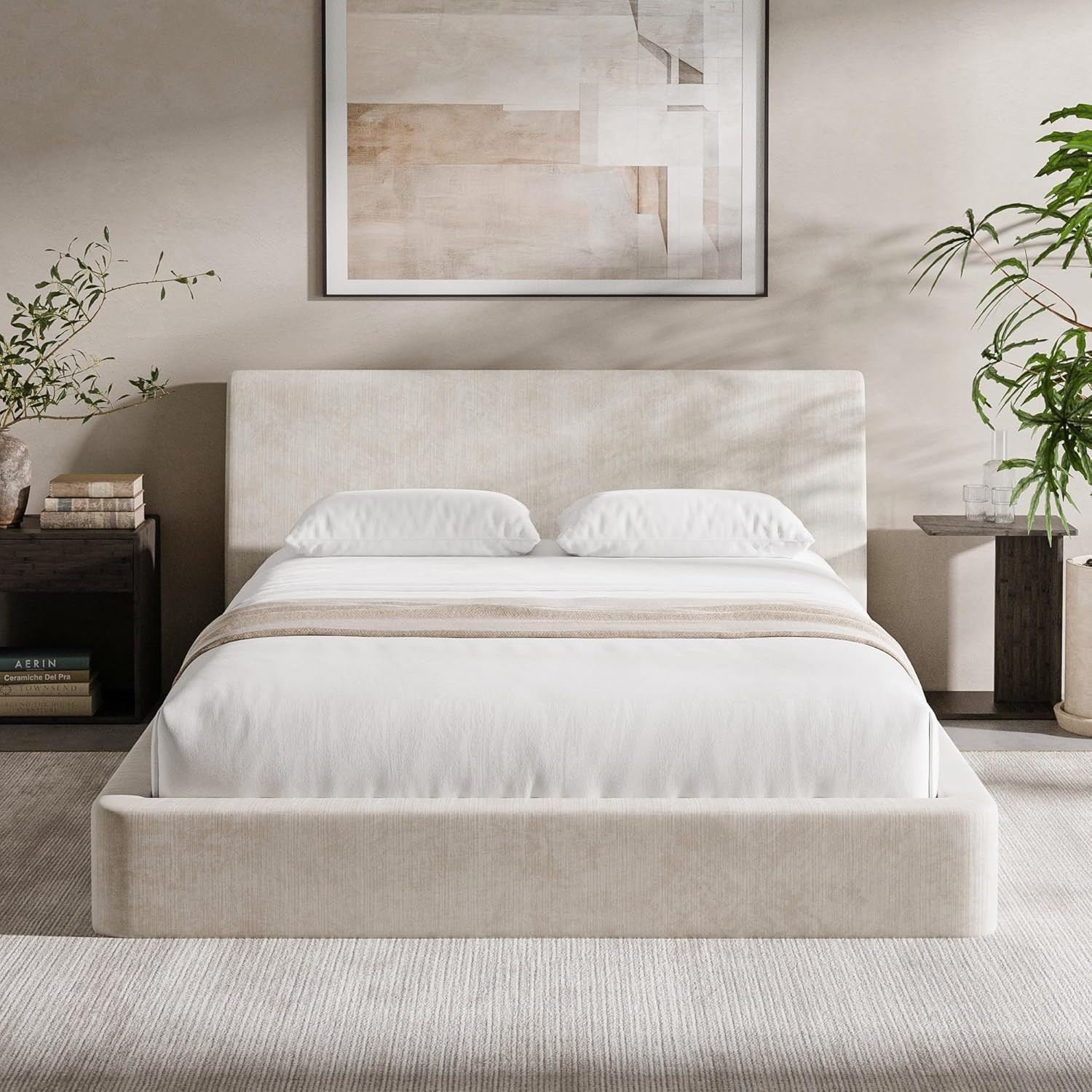 RECCI AirFrame Queen Bed Frame with Ergonomic Angled Headboard, 360° Cushioned Platform Bed Frame, Low Profile Minimalist Soft-Frame Bed, No Box Spring Needed, Easy Assembly, Beige Chenille | Amazon (US)