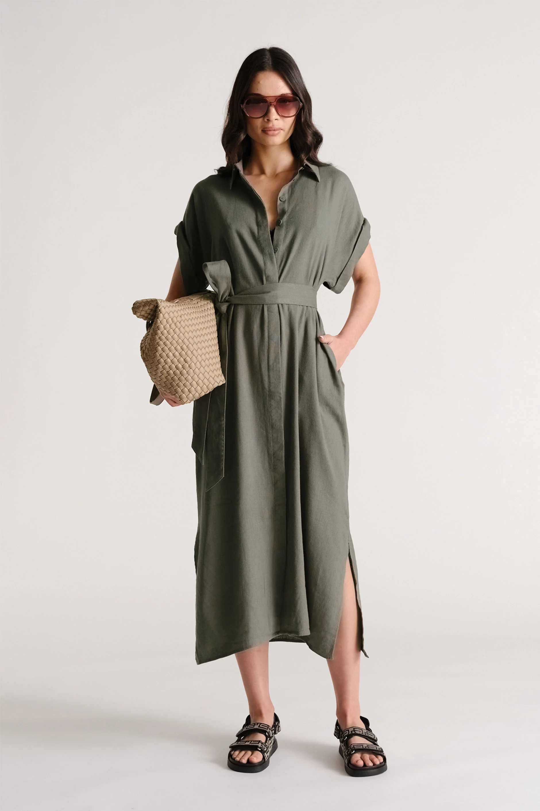 D-Luxe Linen Blend Midi Dress - Thyme Green | DECJUBA