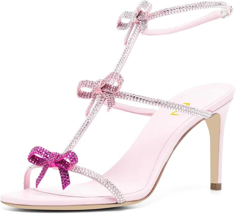 FSJ Women Bows Rhinestone Open Toe Sandals Sexy Strappy Stiletto High Heels Ankle Buckle Backless... | Amazon (US)