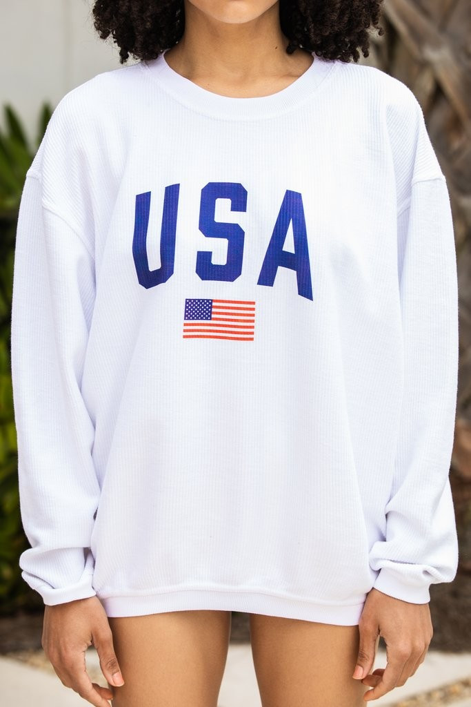 Simply Patriotic White Graphic Corded Sweatshirt | The Mint Julep Boutique