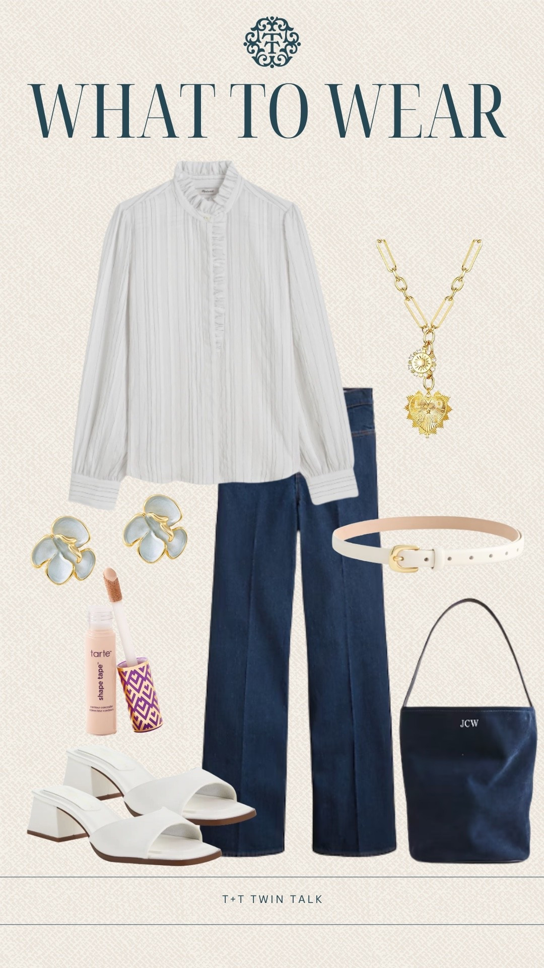 What to wear to a dinner date! A pair of dark wash denim and a white ruffle collar long sleeve top. We paired this with a suede navy J.Crew purse, a gold necklace from Amazon, and white heels from Nordstrom. 

#LTKShoeCrush #LTKStyleTip #LTKItBag