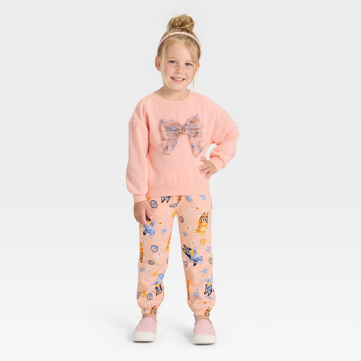 Toddler Girls' 2pc Bluey Bingo Floral Cozy Fleece Sweatshirt with Tulle Bow and Pants Set - Peach... | Target