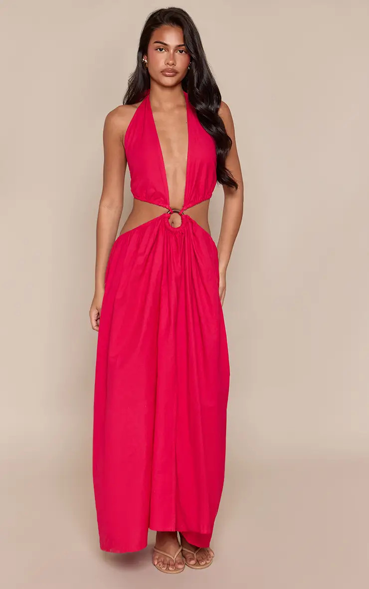 Fuschia Linen Look Halterneck Ring Detail Maxi Dress | PrettyLittleThing UK