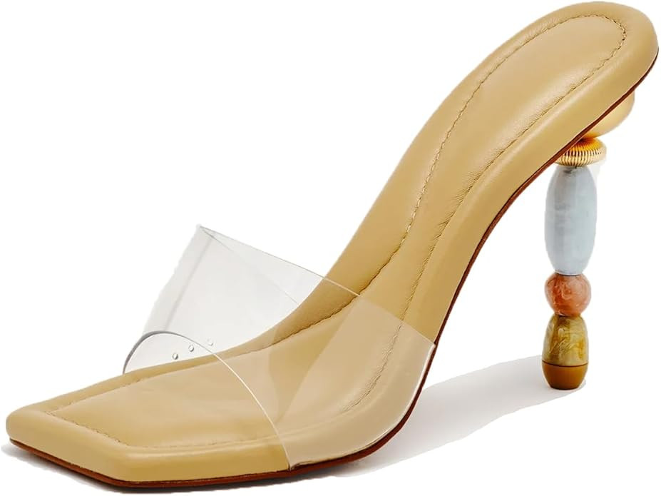 Clear Raffia Leather Mule Heels for Women Square Open Toe Heeled Sandals Stiletto High Heel Mules... | Amazon (US)