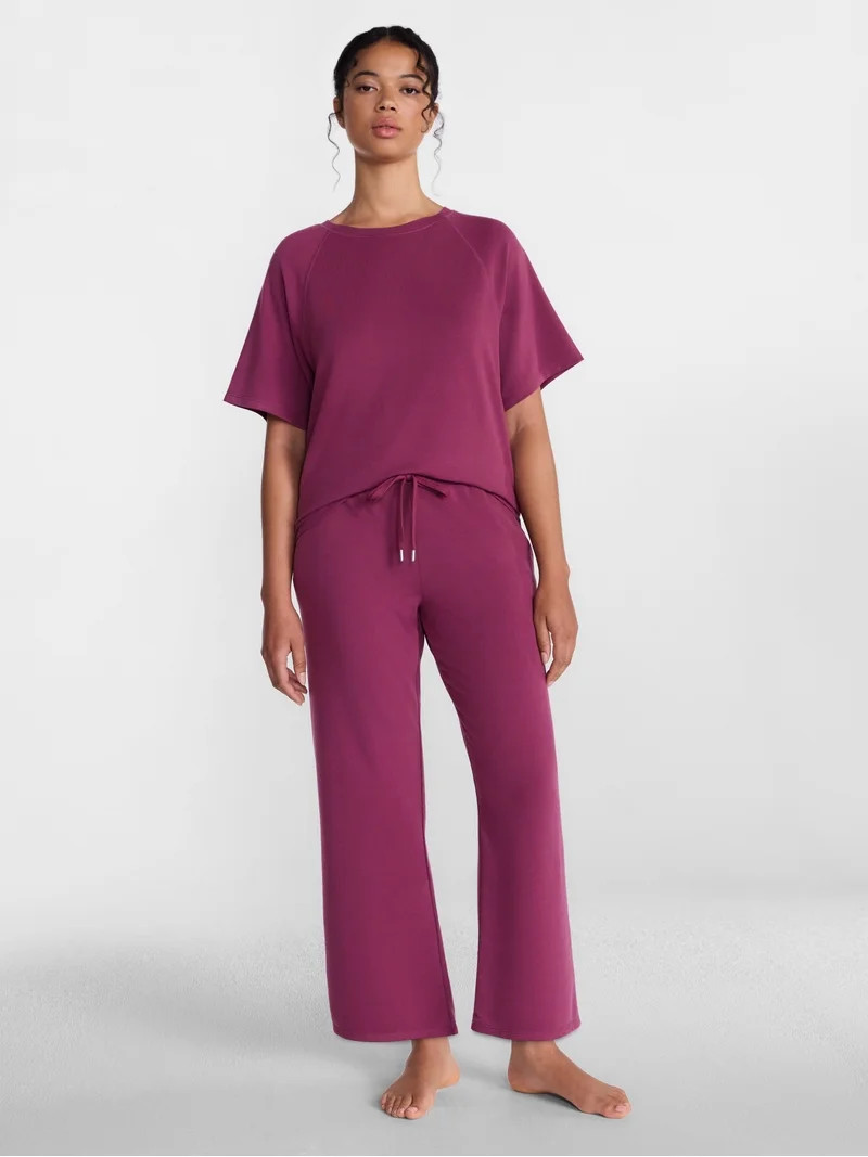 Joyspun Women's French Terry Lounge Sleep Short Sleeve Top and Capri Pants Set, 2 Piece, Sizes XS... | Walmart (US)