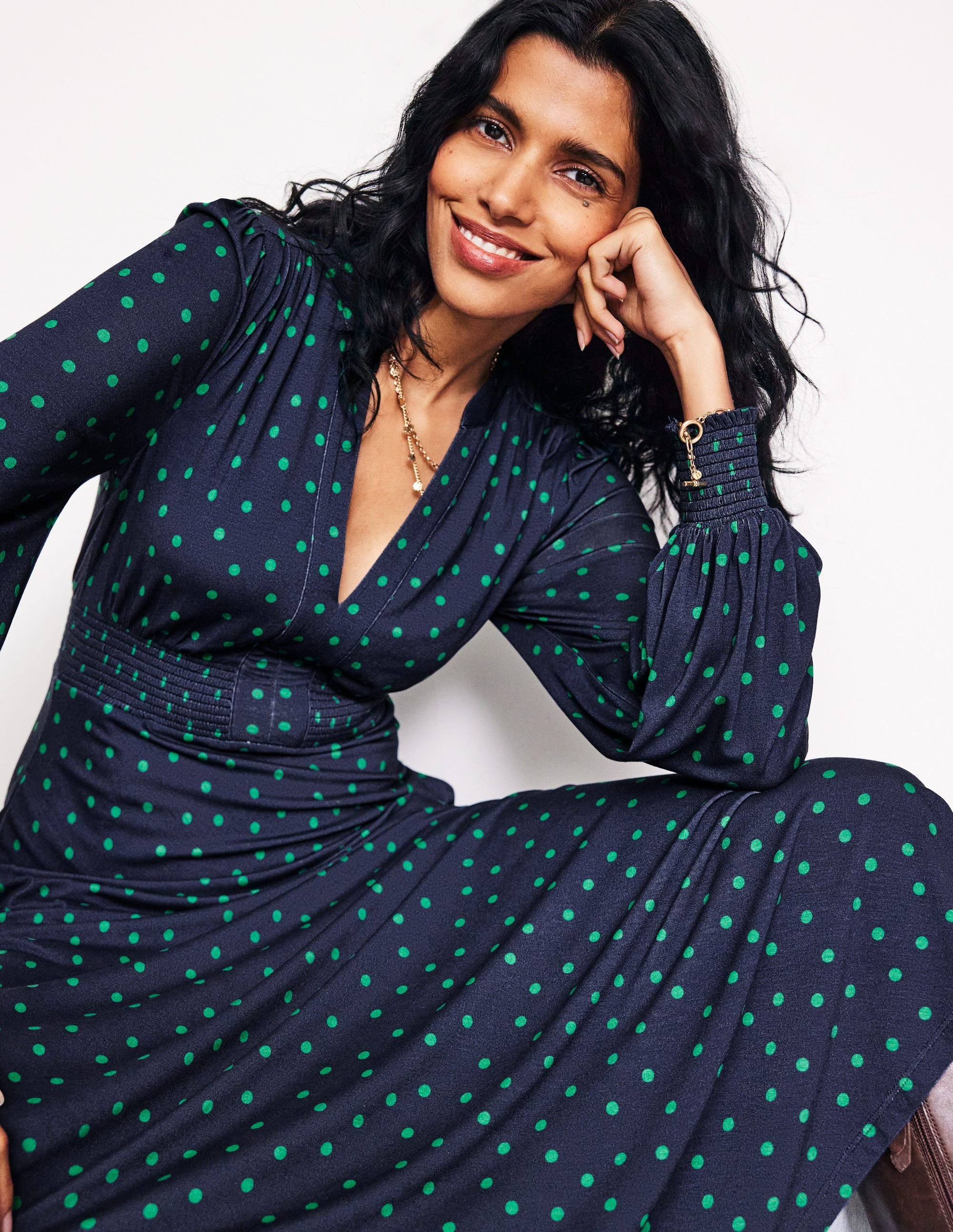 Ivy Smocked Midi Dress-Navy, Sparse Spot | Boden (US)
