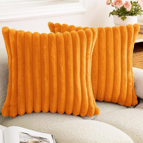 BAOLIZEGAO Double-Sided Faux Fur Plush Fall Throw Pillow Covers 18x18 Set of 2 Fuzzy Striped Soft Cozy Pillowcase Luxury Decorative Pillows Square Fluffy Cushion Covers for Couch Sofa Bed,Orange | Amazon (US)