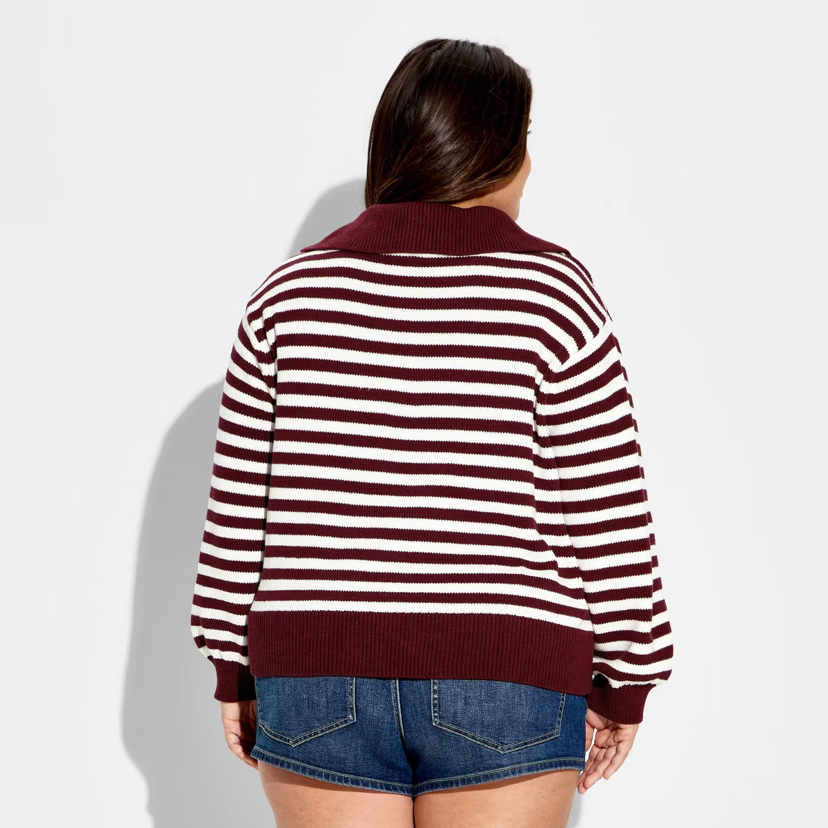 Women's Long Sleeve Quarter Zip Polo Sweater - Wild Fable\u2122 Maroon Striped XXL | Target