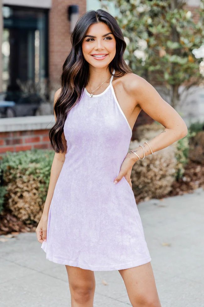 Reese Purple Terrycloth Halter Mini Dress SALE | Pink Lily