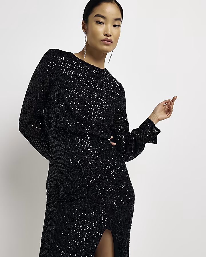 Black sequin long sleeve shift midi dress | River Island (UK & IE)