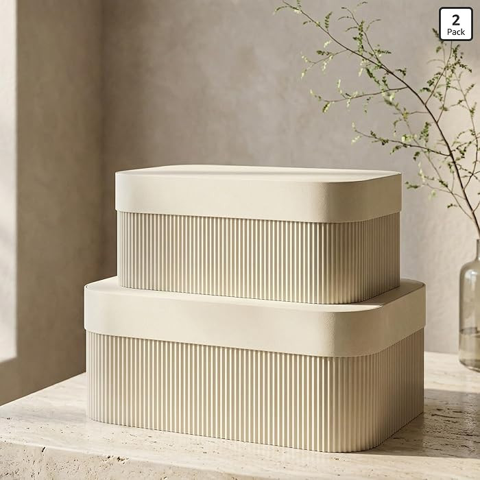 Decorative Storage Boxes with Lids \u2013 Set of 2 Beautiful Fluted Cardboard Organizer Bins for ... | Amazon (US)