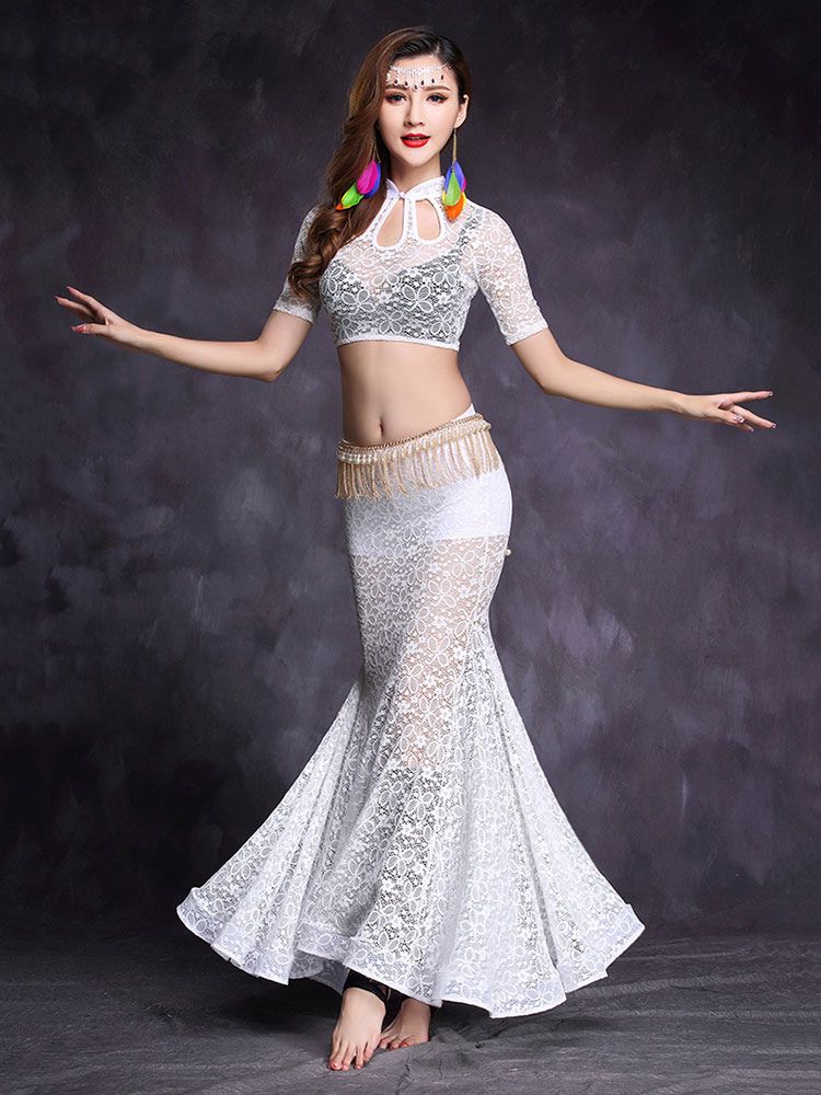 Belly Dance Costume Set White Lace Crop Top With Mermaid Long Skirt For Women | Milanoo