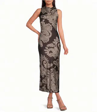 Aurora Satin Paisley Printed Mock Neck Sleeveless Satin Midi Dress | Dillard's