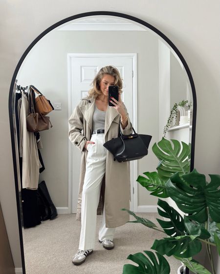 Trench coat, grey tank top, white wide leg trousers, leather white trainers, tote bag

#LTKstyletip #LTKeurope #LTKSeasonal