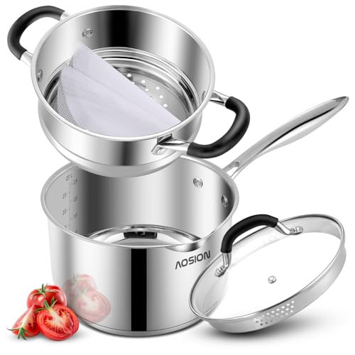 AOSION 2.5 Quart Stainless Steel Saucepan with Steamer Basket,Small Pots for Cooking,Steamer Pan with Pour Spout,Strainer Glass Lid,Perfect For Vegetables Boiling Gravies,Pasta,Noodles | Amazon (US)