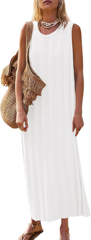 Women's Summer Maxi Dress 2025 Sleeveless Long Sweater Dress Scoop Neck Ribbed Knit Tank Top Dres... | Amazon (US)
