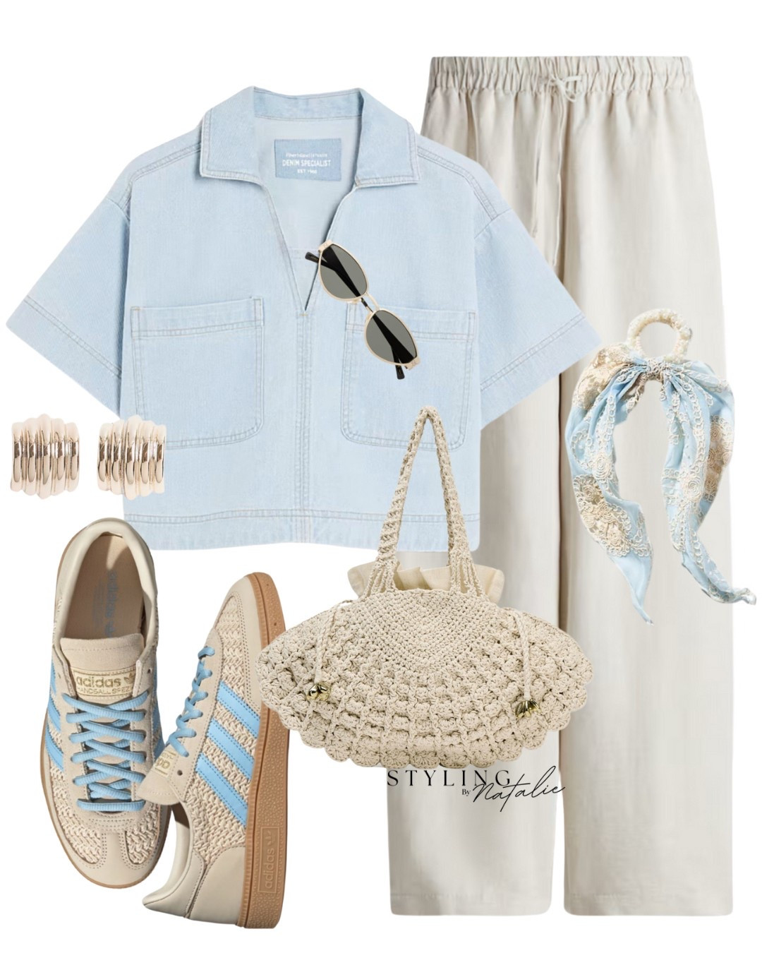 Casual summer outfit 🩵🦋
Denim crop shirt, pull-on linen trousers, crochet bag, Adidas Spezial trainers, blue hair scarf and hood earrings. Casual chic, jean top, high street style, sneakers, blue outfit. 

#LTKsummer #LTKstyletip #LTKuk