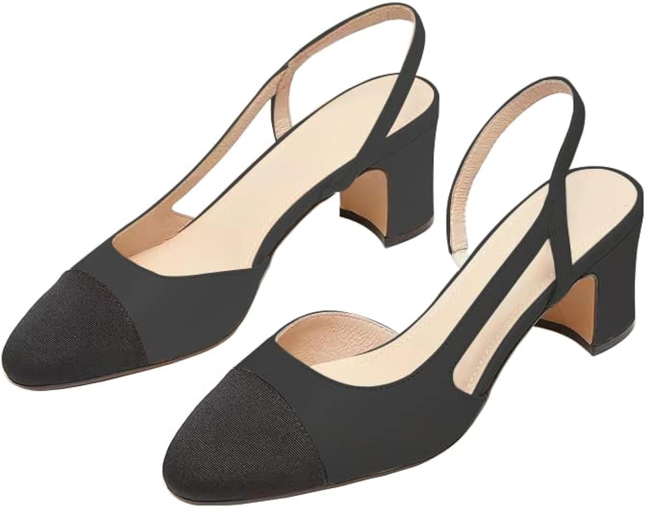 JANSEVEN Slingback Shoes For Women Heels Chunky Pumps Block Heel Two Straps Heeled Sandals Almond... | Amazon (US)