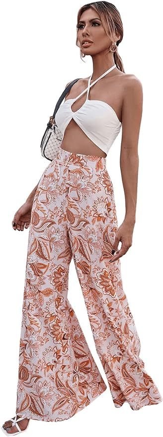 SweatyRocks Women's Boho 2 Piece Outfits Off Shoulder Pleated Crop Top with Wide Leg Pants | Amazon (US)