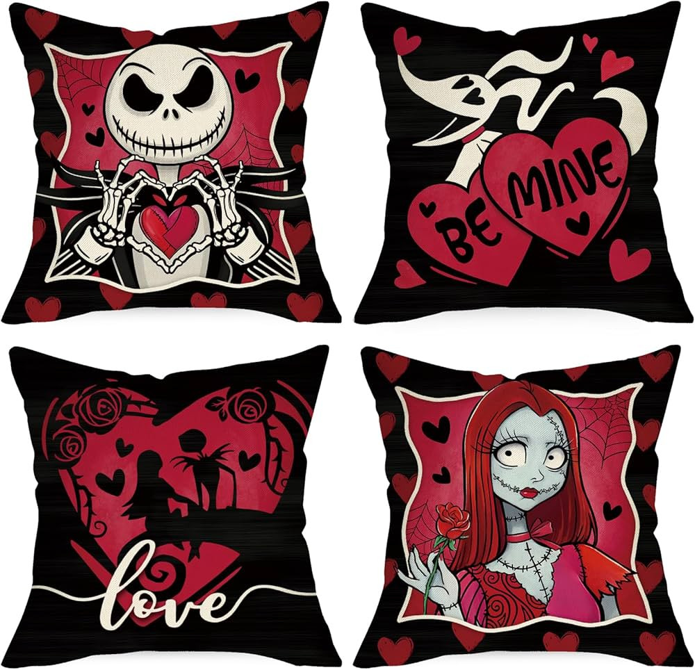 Ussap Valentine's Day Black Decorative Throw Pillow Covers 18x18 Set of 4, Jack Skellington Sally... | Amazon (US)