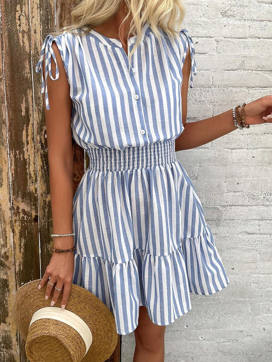Chiquease Summer Blue & White Striped Shoulder Ruffle Bow Tie Cinched Waist Cotton Dress | SHEIN