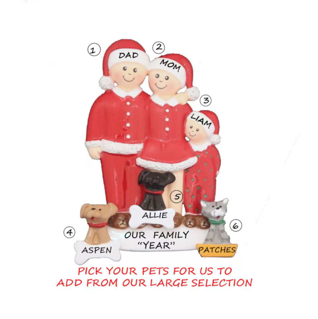 Personalized Family of 3 Ornament With 3 Dogs or Cats Pajama Family Three Personalized Ornament W... | Etsy (US)